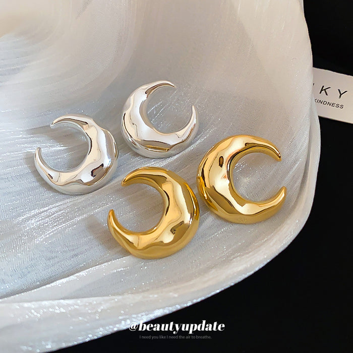 Chunky Crescent Metal Stud Earrings in Gold and Silver Tones