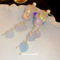 Long Iridescent Sequin Drop Earrings with Pearl Beads and Chains view 2