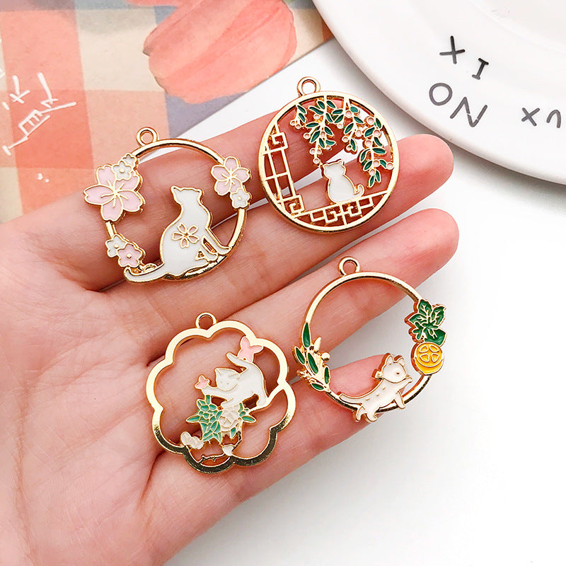 Enamel Zinc Alloy Chinese Style Hollow Cat Charm Pendant for DIY Earrings Tassel Jewelry