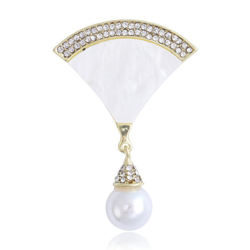White Shell Fan Brooch Pearl Drop Crystal Gold Rim