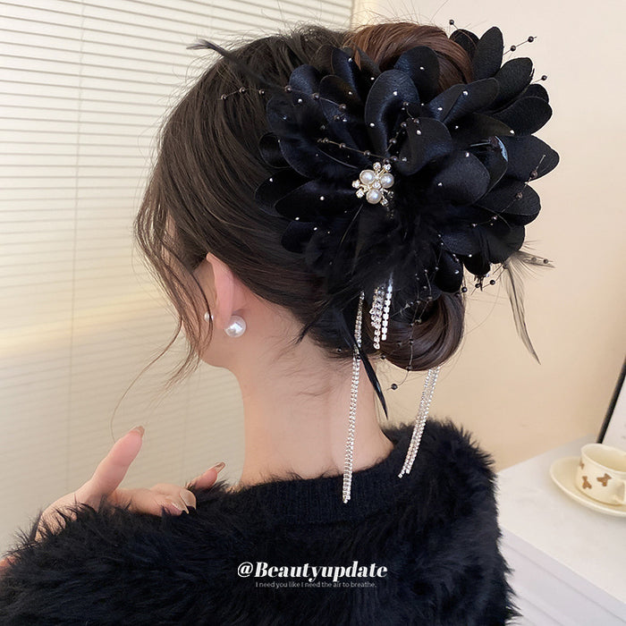 Black Floral Hair Claw With Pearl Like Center And Crystal Chain Fringe