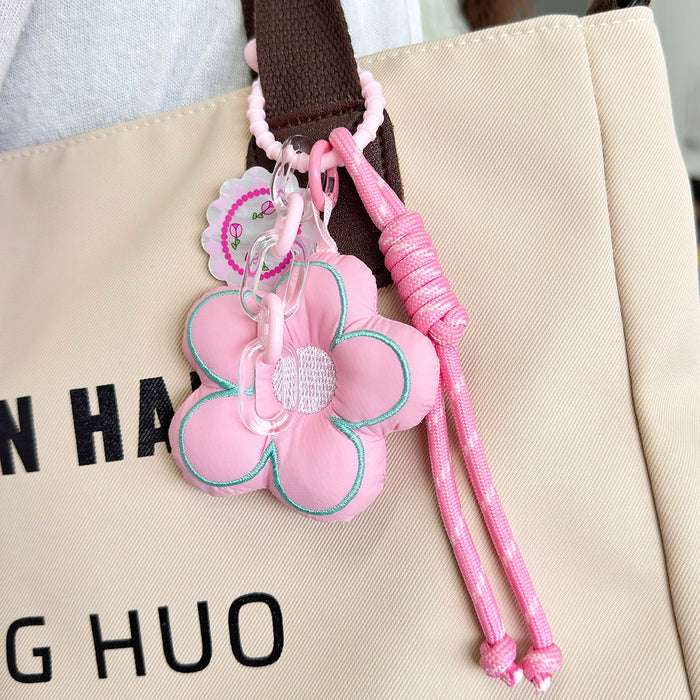 Embroidered Padded Flower Charm Keychain With Beaded Wrist Strap