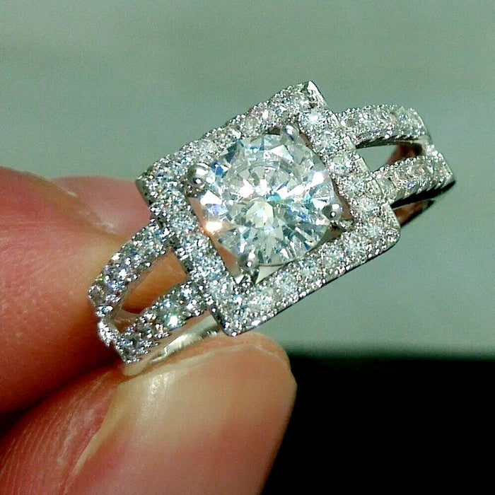 Silver Tone Square Clear Stone Split Shank Ring Jewelry