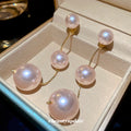 Pink Pearl Double Drop Stud Earrings with Curved Gold Bars view 4