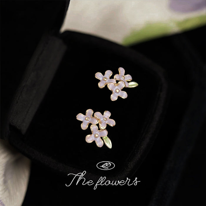 Gold Tone Lavender Flower Cluster And Green Leaf Stud Earrings