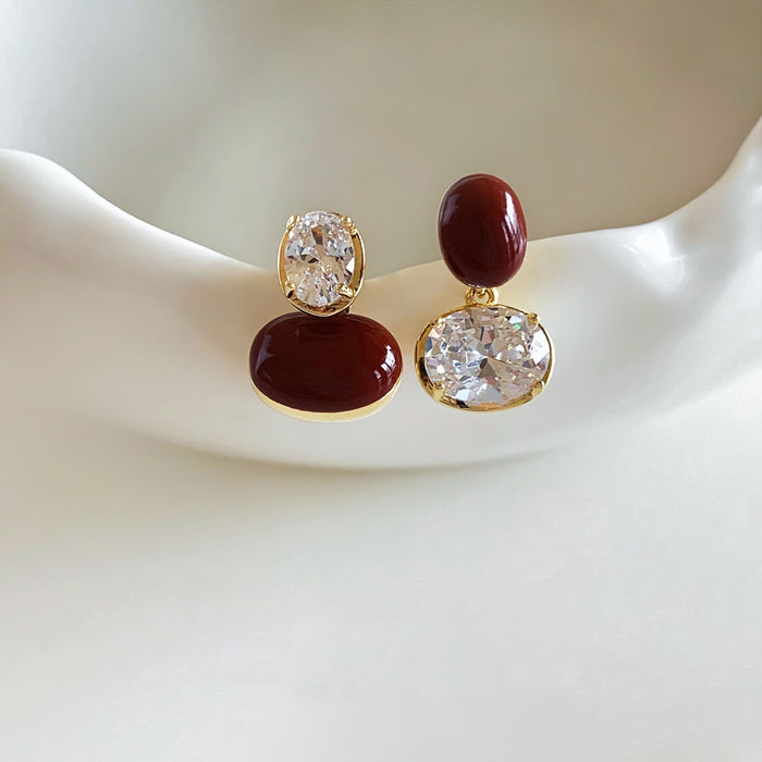 Gold Tone Red and Clear Crystal Asymmetric Stud Earrings