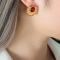 Ribbed Fan Stud Earrings Red Glass Stone Gold Steel view 6