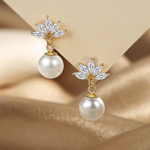 Snowflake Crystal Pearl Drop Stud Earrings in Two Tones