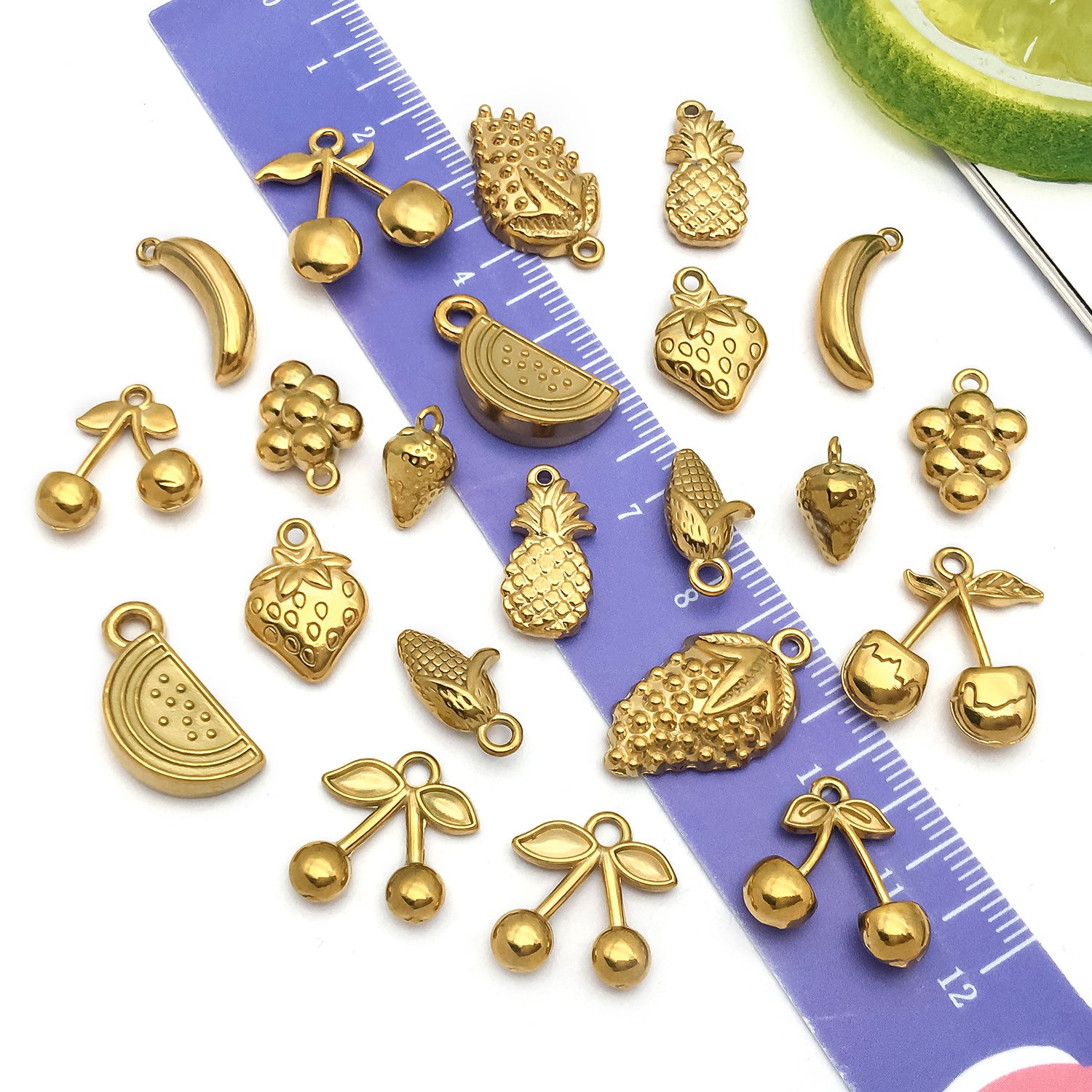 Stainless Steel Gold Cherry Strawberry Banana Fruit Charm Pendant for DIY Jewelry