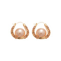 Gold Tone Pearl U Hoop Earrings with Crystal Borders view 5