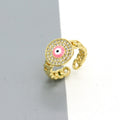 Gold Tone Crystal Halo Round Evil Eye Chain Band Rings in Five Colors view 5
