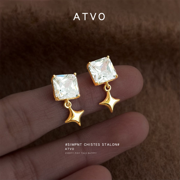 Square Clear Crystal Stud Earrings Gold Star Dangles