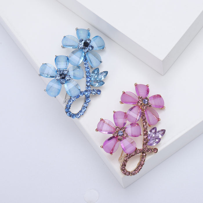 Dual Flower Crystal Brooch With Rhinestone Stem Metal Alloy