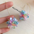Iridescent Petal Cluster Earrings on Slender Gold Tone Hoops view 4