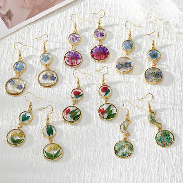 Pressed Flower Resin Double Disc Earrings Gold Hooks 6 Styles