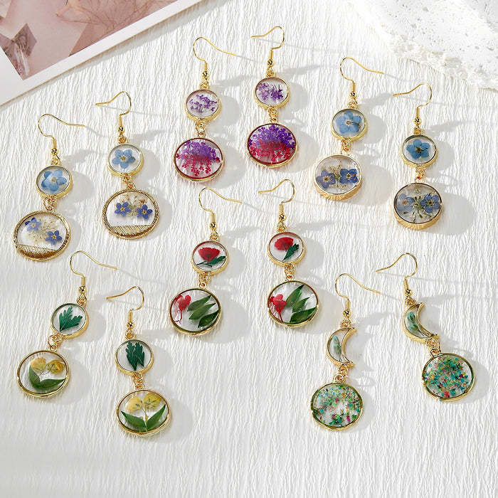 Pressed Flower Resin Double Disc Earrings Gold Hooks 6 Styles