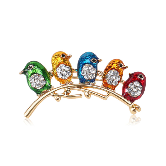 Five Colorful Birds on Branch Enamel Brooch in Three Finishes