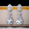 Silver Tone Clear CZ Three Tier Oval Teardrop Drop Earrings view 1