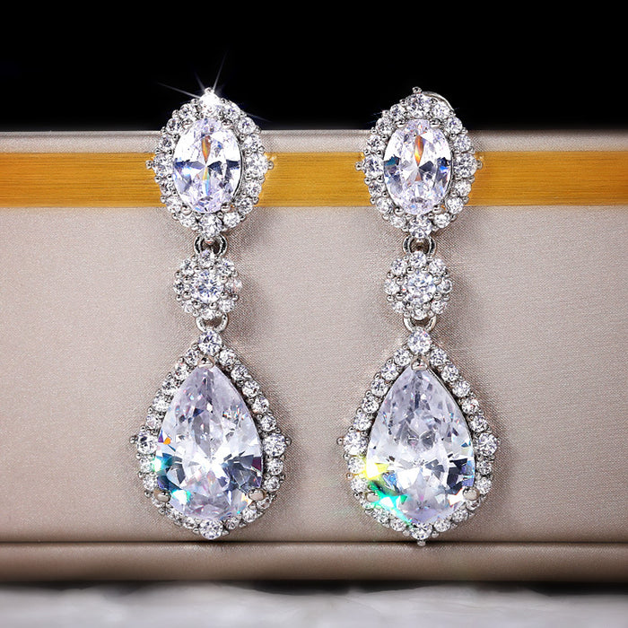 Silver Tone Clear CZ Three Tier Oval Teardrop Drop Earrings