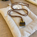 Brown Cord Stone Bag Charm Pendant Necklace Gold Hardware view 6
