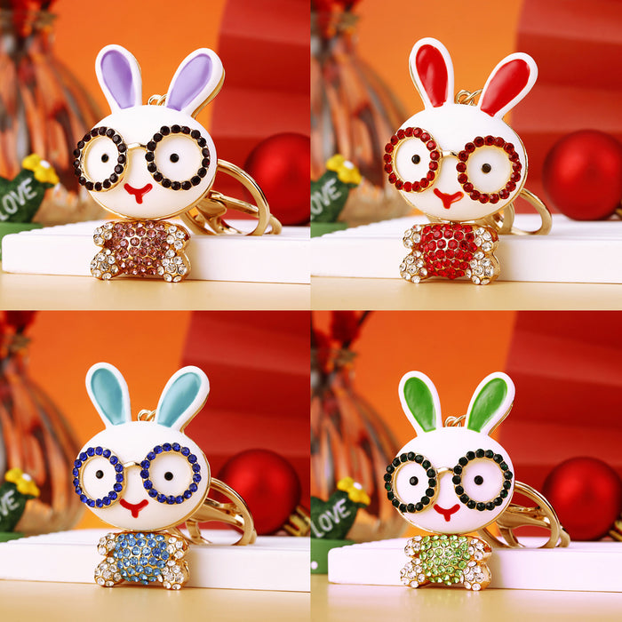 Jeweled Eyeglass Rabbit Keychain with White Enamel and Crystal Details