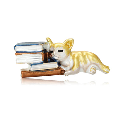 Front view of the cat resting on books enamel brooch in yellow and gray brooch and its color options