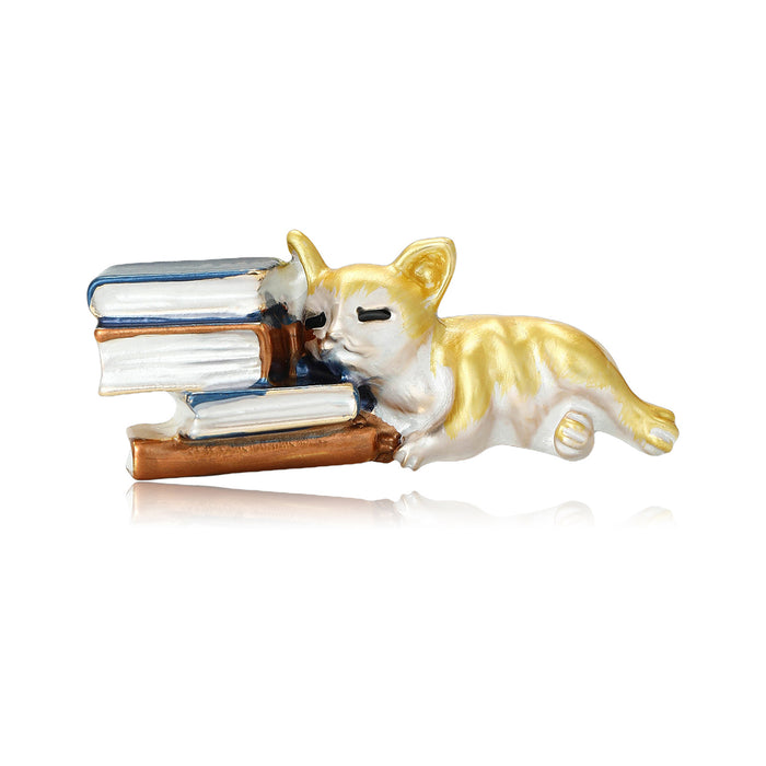 Cat Resting on Books Enamel Brooch in Yellow and Gray