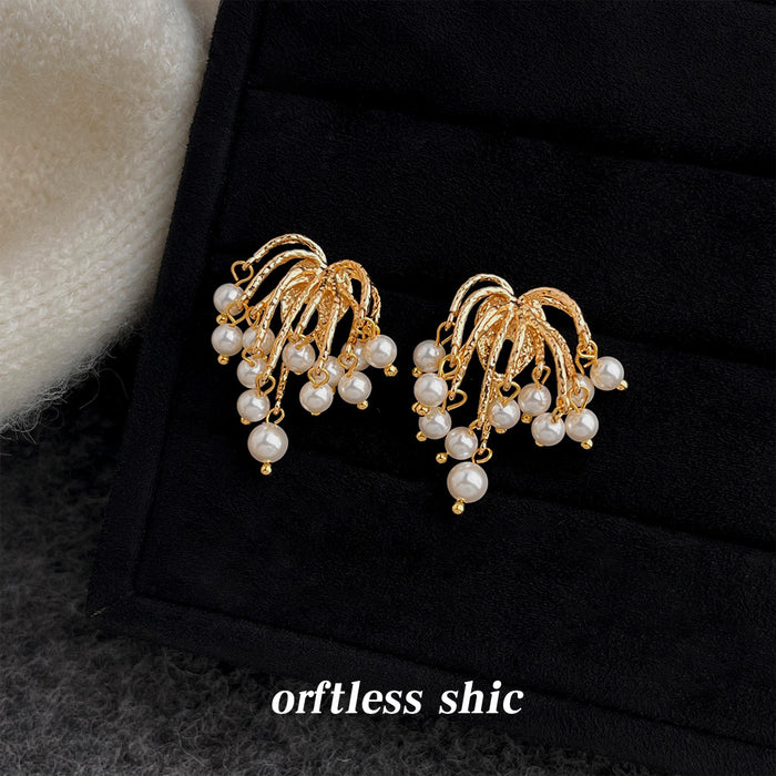Gold Firework Branch Pearl Cluster Stud Earrings Style