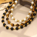 Gold Bamboo Spacer Beaded Necklace OT Toggle Clasp Pearl Agate Tiger Eye view 2