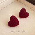 Wine Red Yarn Knit Textured Heart Stud Earrings Pair view 3