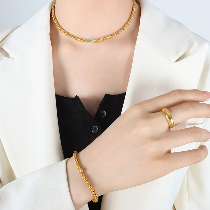 Gold Beaded Chain Necklace and Bracelet Clear Stone Accent