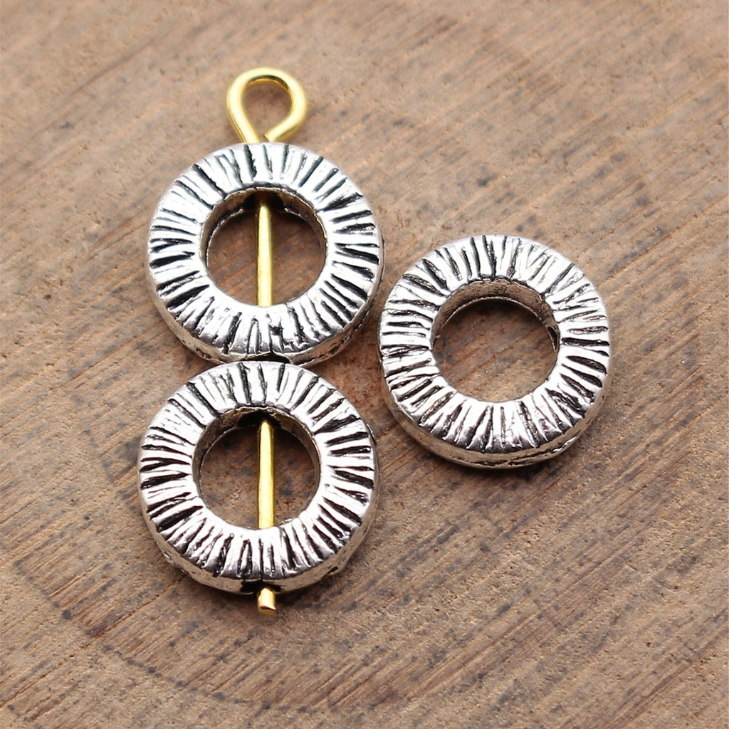 9.9x9.9x2.7mm 0.8g Antique Silver Zinc Alloy Textured Round Ring Loose Metal Beads for Bracelet Making