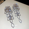 Silver Tone Crystal Floral Leaf Drop Stud Earrings view 2