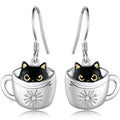 Silver Tone Black Cat Coffee Cup Hook Drop Earrings view 1