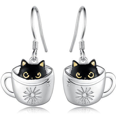 Front view of silver black cat coffee cup drop earrings pair