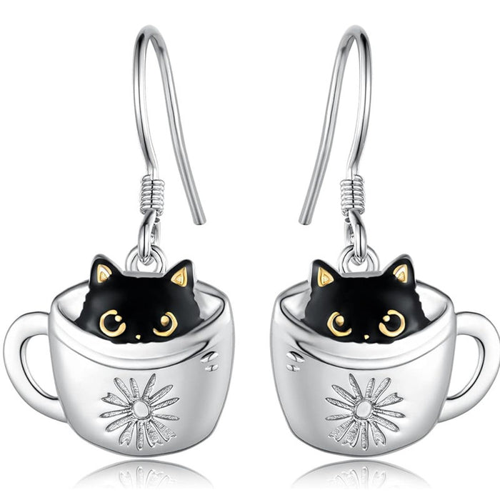 Silver Tone Black Cat Coffee Cup Hook Drop Earrings
