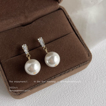 Silver Tone Clear Baguette Bar And Large White Pearl Drop Earrings
