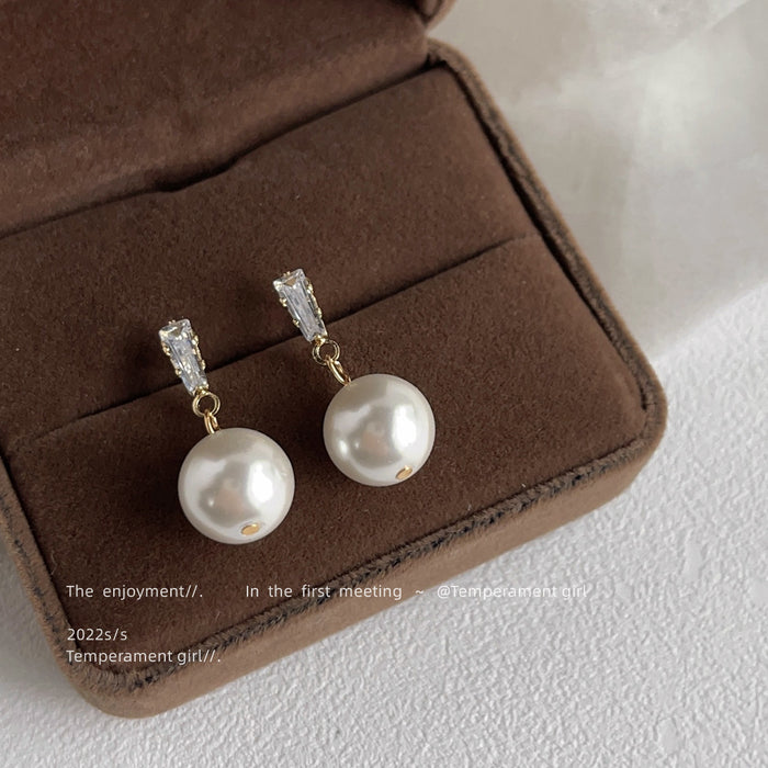 Silver Tone Clear Baguette Bar And Large White Pearl Drop Earrings