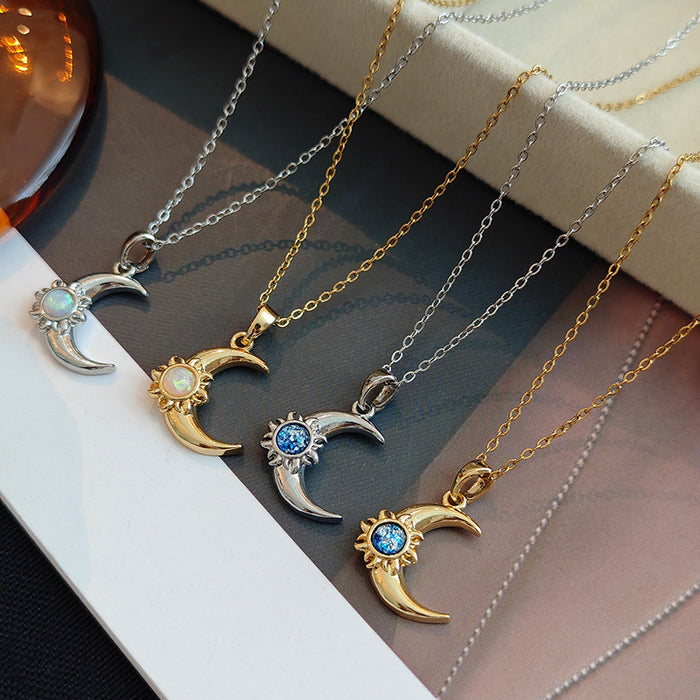 Crescent Moon And Sun Center Pendant Necklace In Four Styles