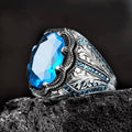 Aqua Oval Stone Engraved Signet Ring In Antiqued Silver Tone view 5