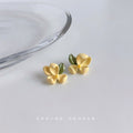 Gold Tone Yellow Flower Green Leaf Stud Earrings For Women view 4