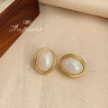 Gold-Rim Oval Cabochon Stud Earrings Red Or Cream Tone view 6