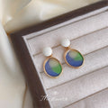White Disc Blue Green Enamel Oval Drop Earrings Gold Frame view 4