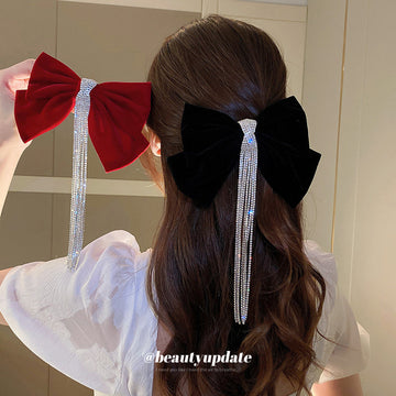 Velvet Bow Hair Clips In Red Crystal Fringe Or Black Pearl Style
