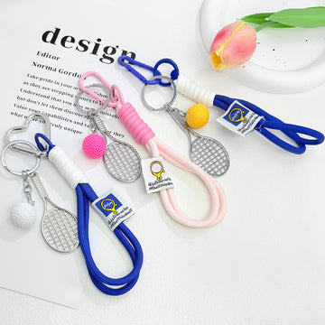 Woven Cord Tennis and Badminton Racket Keychain With Ball Charm