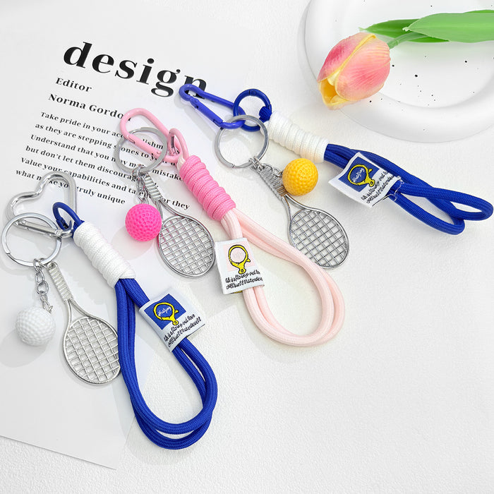 Woven Cord Tennis and Badminton Racket Keychain With Ball Charm