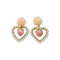 Pink Rose And Heart Drop Earrings With Pearl Borders view 5