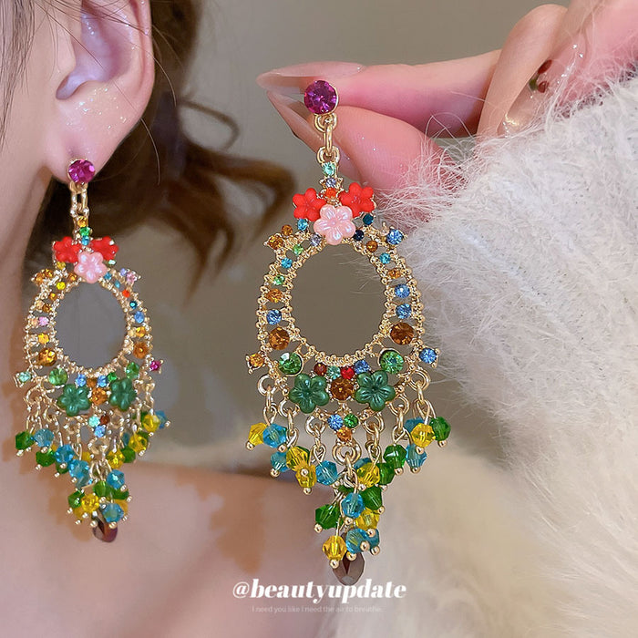 Multicolor Floral Crystal Hoop Tassel Stud Earrings