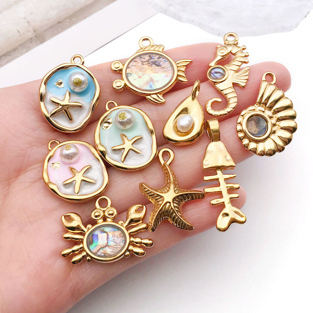 Acrylic Rhinestone Crab Faux Pearl Starfish Charm Pendant for DIY Necklace Earring Jewelry