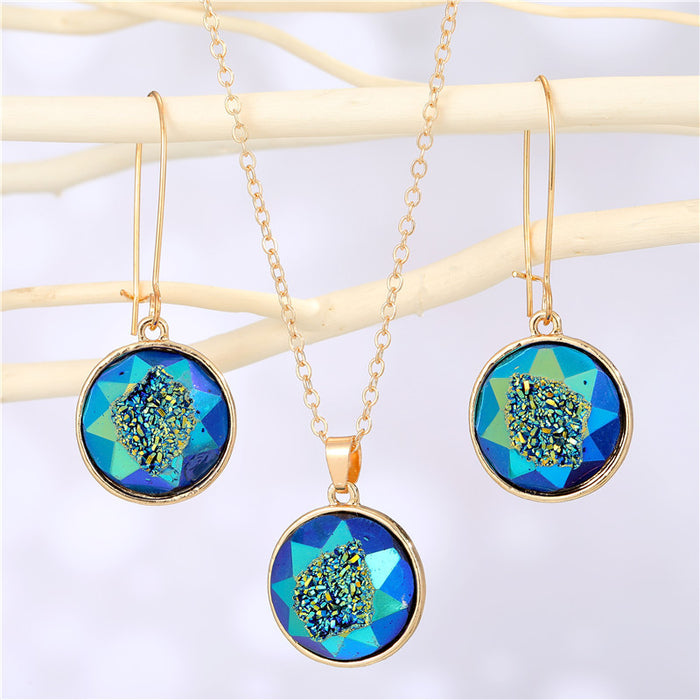 Gold Tone Round Druzy Necklace and Long Hook Earring Options